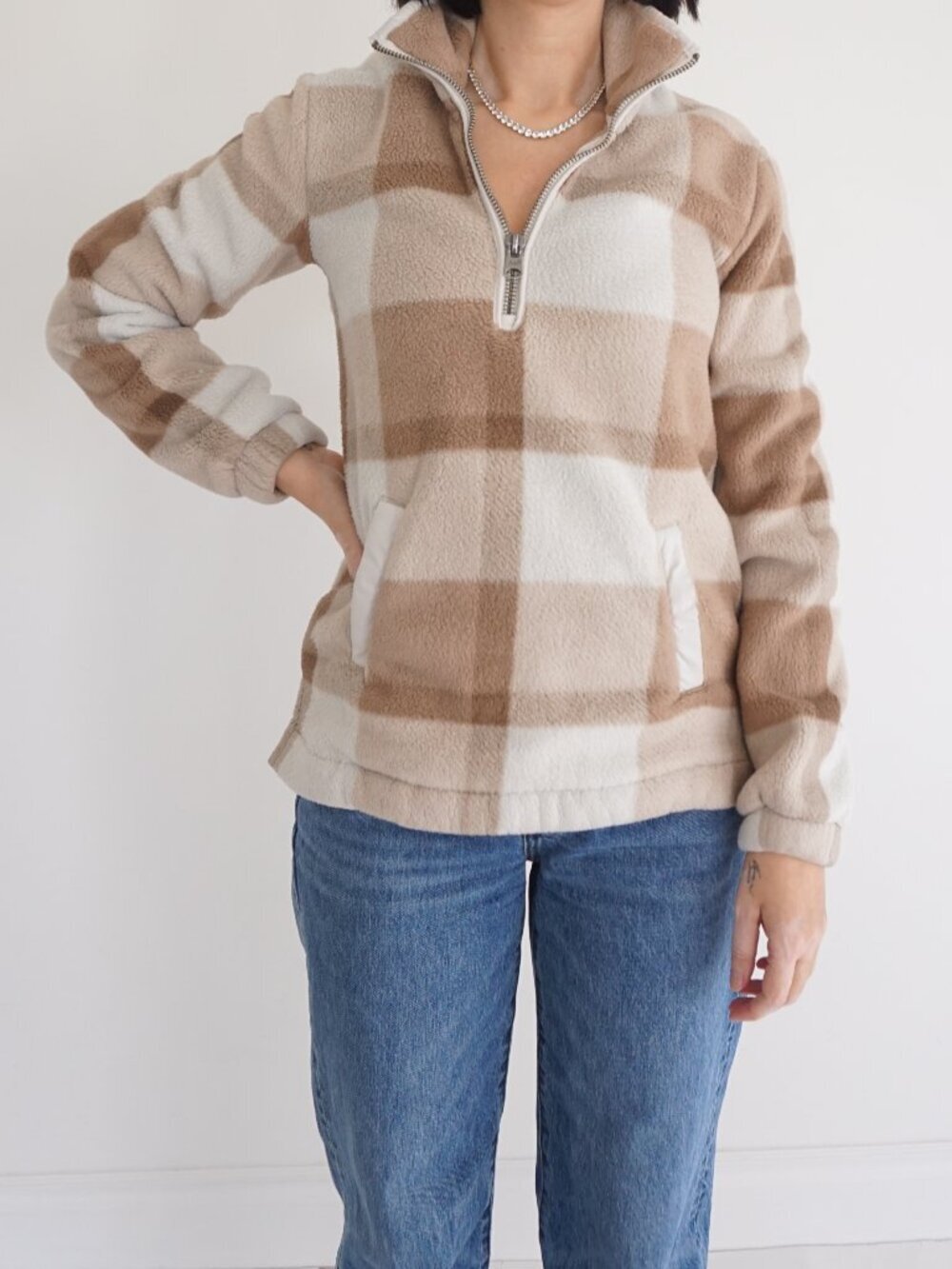Abercrombie Fitch Beige Cream Buffalo Plaid Sherpa Quarter Zip Fleece Sweater XS